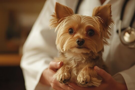 A veterinarian gently holds a small Yorkshire Terrier, providing care and comfort.
