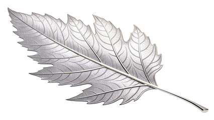 A finely detailed silver-colored decorative leaf with prominent veins and serrated edges, presented on a white background.