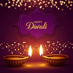 Two lit diyas on a purple background with happy diwali text and bokeh lights around them