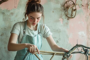 Young woman meticulously assembles a bamboo bicycle frame in a rustic workshop.