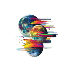 Psychedelic Glitch Art of Planets in Space Cosmic Collision and Vibrant Energy © Rufizalu