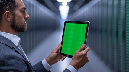 A businessman holding a tablet in a server room. - Powered by Adobe