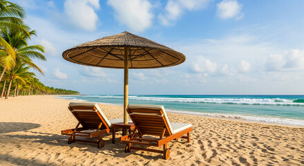 Tropical paradise beach, two wooden sun loungers under thatched umbrella