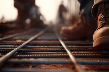 Obraz premium Construction workers walking on steel rebar at building site