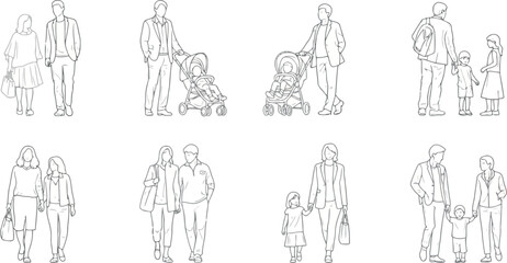 Vector vector art of silhouettes of families walking together, some with strollers, transparent background