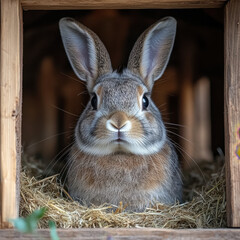 Fototapeta premium Rabbit in a wooden box with hay.