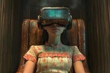 A young girl, wearing a vintage dress, sits immersed in a futuristic, aged VR headset, within a dimly lit, antique chair.