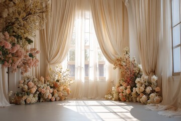 Soft, sunlit room with floral displays