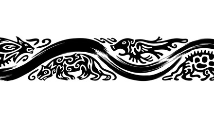 Dynamic tribal animal border design with flowing lines and bold black ink style