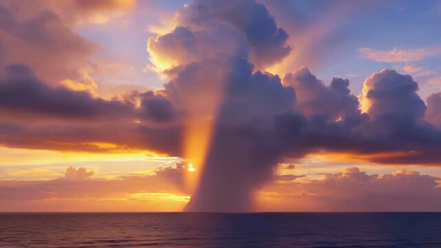 Timelapse of storm clouds clearing ocean, sunbeams breaking dramatically clouds, god rays shining onto sea surface, rain fading away, cinematic heavenly atmosphere, UHD high quality footage