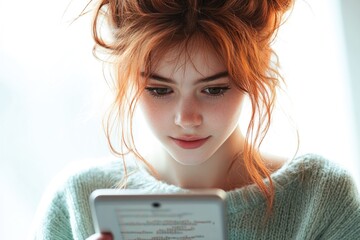A young woman with red hair in a messy bun, looks down at a tablet.