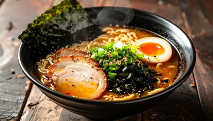 A steaming hot bowl of authentic Japanese ramen noodle soup with savory pork, a soft boiled egg, and nori seaweed on a rustic wooden table