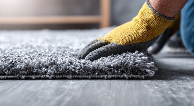 Hands in yellow gloves placing grey carpet