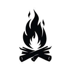 Stylized black and white campfire illustration showing burning logs with flames, campfire flame icon silhouette vector illustration