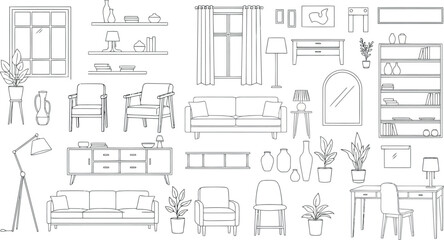 Vector vector art of collection of handdrawn furniture and home decor elements, transparent background