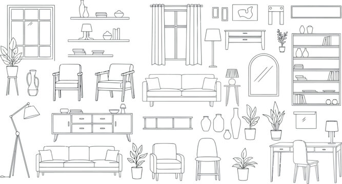 Vector vector art of collection of handdrawn furniture and home decor elements, transparent background