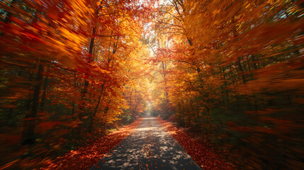 Orange maple leaves cover autumn forest road in peaceful seasonal landscape scene classic autumn photography wallpaper background