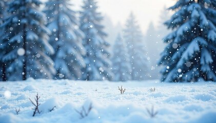 Snowflakes gently fall on a tranquil winter landscape, blanketing the ground in a pristine layer of white The scene evokes serenity and the beauty of a silent snowfall , snowfall, quietude