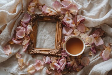 Aesthetic Still Life with Tea, Frame, and Rose Petals on Linen.