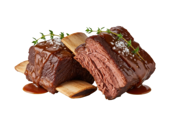 Two exquisitely braised beef short ribs, tender, glossy demi-glace, garnished with thyme and sea salt, isolated on a transparent background with studio lighting. Concept of gourmet culinary excellence