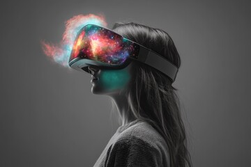 A woman wearing a VR headset experiences a vibrant, colorful nebula, representing immersive virtual reality.