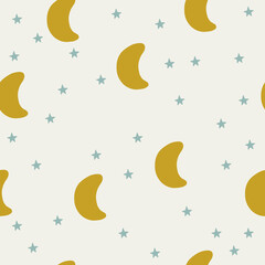 Seamless pattern with a yellow moon and blue stars. Digital paper, for surface design, kids clothing, print