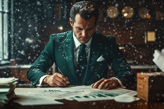 A businessman in a dark green suit sits at his desk, reviewing documents amidst a snowfall. - Powered by Adobe