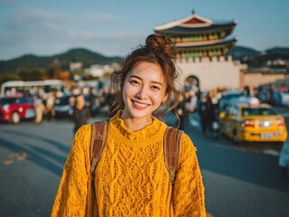 Happy Korean woman in a bright yellow sweater smiles by a palace gate