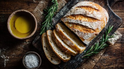 Artisan Sourdough Bread with Olive Oil and Rosemary on Wooden Board.
