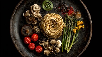 Artistic Food Arrangement - Pasta, Vegetables, and Mushrooms on Plate.