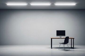 Minimalist Modern Office Empty Room with Desk Computer and Chair