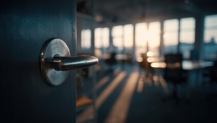 Open office door, sunlit interior
