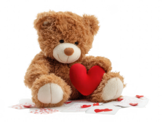 Brown teddy bear sits holding a red heart on top of cards scattered with red hearts and text