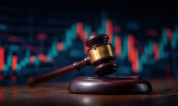 Gavel on wooden surface, financial charts - Powered by Adobe