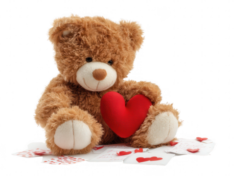 Brown teddy bear sits holding a red heart on top of cards scattered with red hearts and text