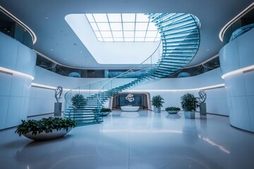 Fototapeta premium Modern Interior Design Glass Spiral Staircase Lobby Skylight Architecture