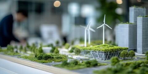 Architectural model showing wind turbines and green buildings showcase sustainable urban planning, concept for eco-friendly city development, future cityscape design and renewable energy integration