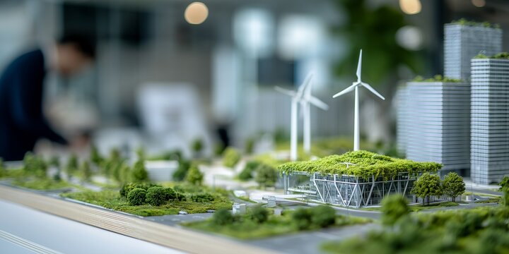 Architectural model showing wind turbines and green buildings showcase sustainable urban planning, concept for eco-friendly city development, future cityscape design and renewable energy integration