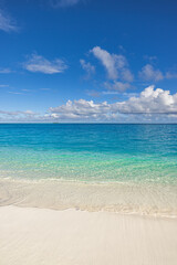 Sunny beach with relaxing sea, soft sand, and clear sky closeup, colorful landscape background, inspiring nature wall art for meditation, summer seascape, tropical vacation and tranquil seaside decor