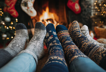 photo of three people wearing cozy socks with christmas patterns, relaxing in front of the fireplace in their home during the winter break