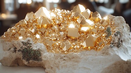 Cluster of Shiny Gold Crystals on Rock Formation 