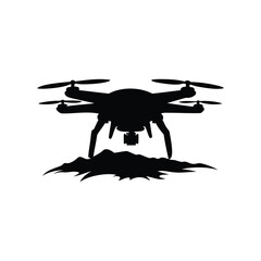 Silhouette of a Drone Hovering Above Jagged Terrain in Black and White, drone flying in sky silhouette vector illustration