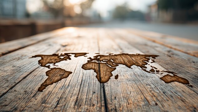 World map etched on a wooden table outdoors, sunlight - Powered by Adobe