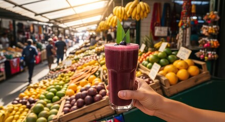 Vibrant fruit market smoothie with blueberry garnish and tropical leaves
