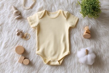 Baby Onesie Mockup with Wooden Toys and Plant on White Fur.