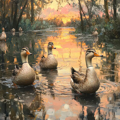 Fototapeta premium ducks swimming in a pond at sunset.