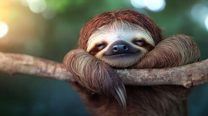 Naklejka premium Content Sloth blissfully dozes on a branch in the jungle creating a serene scene embodying