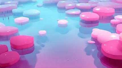 Smooth glowing jelly pads drifting over vibrant bubblegum river in fantasy setting