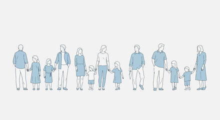 Vector vector art of family group of parents and children holding hands, transparent background
