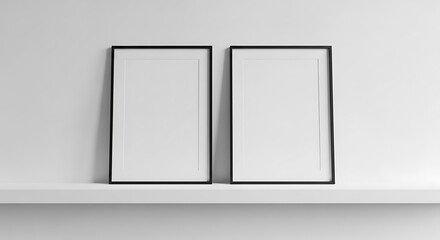 Two Black Framed Pictures on a White Shelf.